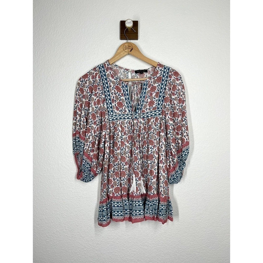 Rachel Zoe Floral Peasant Top Small S Boho Bohemian Half Puff Sleeve Tassel